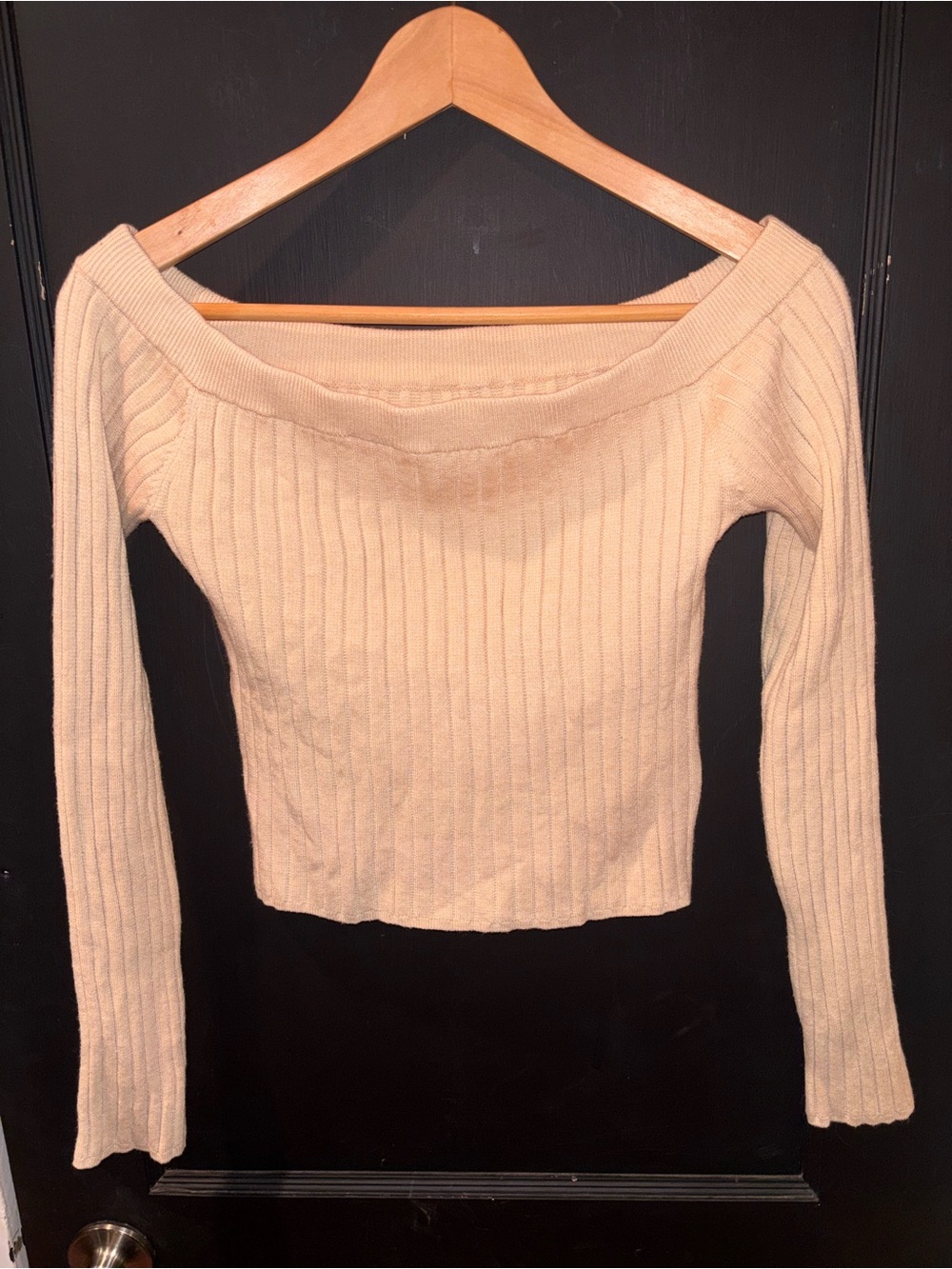 Aerie Off Shoulder Ribbed Cropped Sweater Top Cream Size Medium NWT
